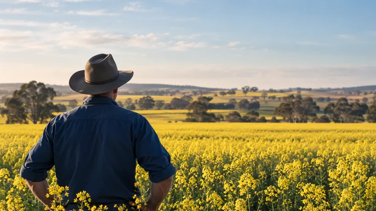 Australian farmer in a wide-brim hat looking across a canola crop