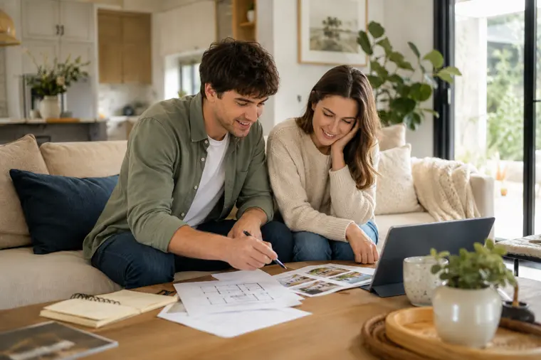 Young Australian homeowners reviewing plans in their home
