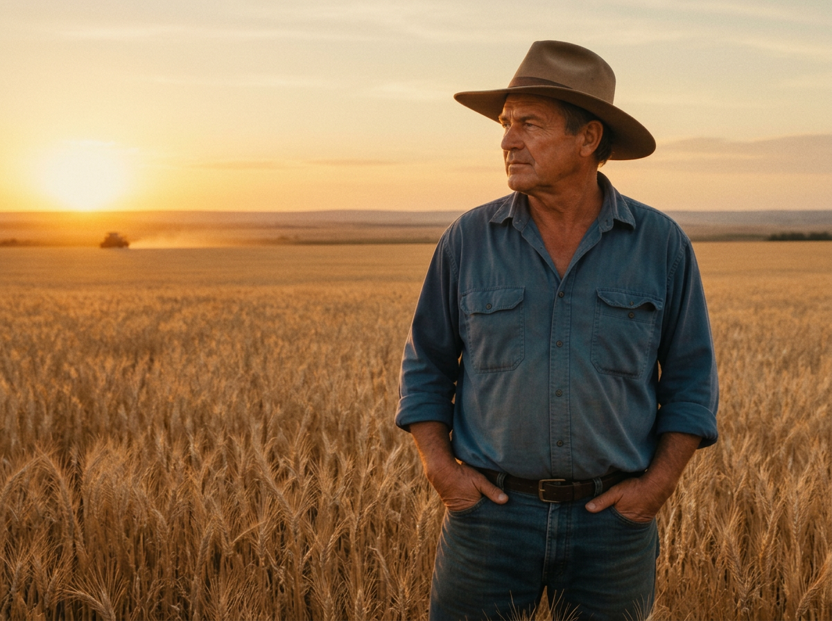 Australian farmer standing in a wheat paddock at sunrise