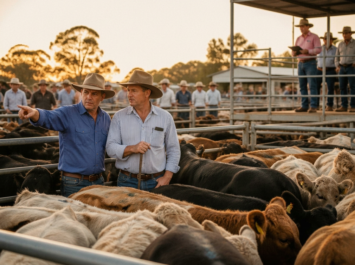 Australian livestock agents inspecting cattle at a regional saleyard