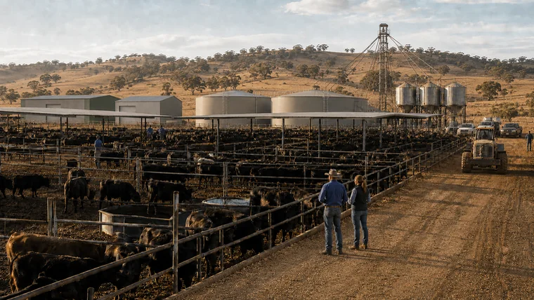 Large-scale Australian cattle feedlot with modern infrastructure, workers and extensive livestock