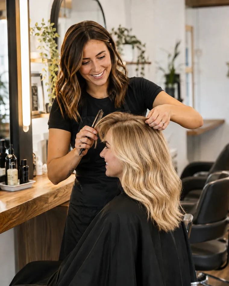 Australian hairdresser styling a client's blonde hair in a modern salon