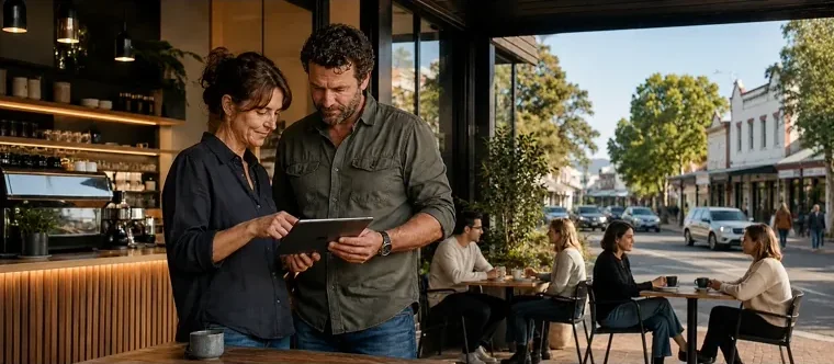 Regional café owners reviewing their business with customers and activity outside