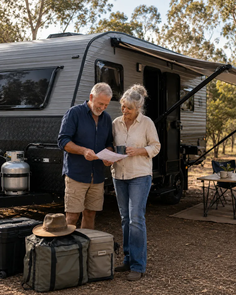 Older Australian couple reviewing travel plans beside their caravan