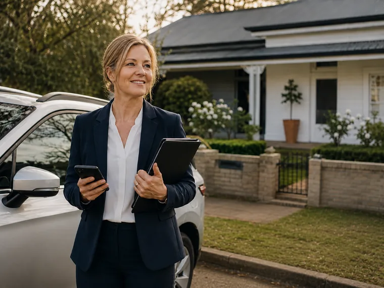 Regional Australian real estate agent beside her business vehicle preparing for a property inspection
