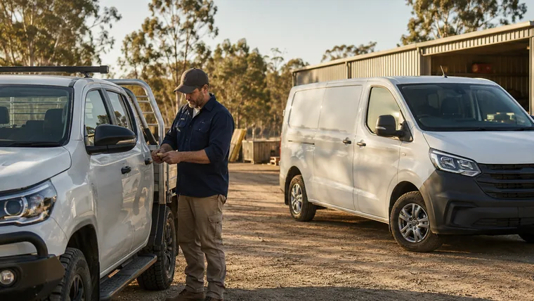 Australian tradesperson with a work ute and commercial van