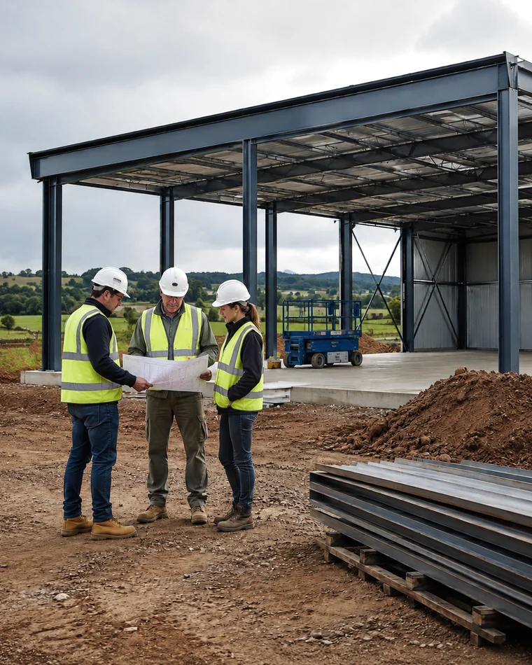 Construction team reviewing plans at a regional building site