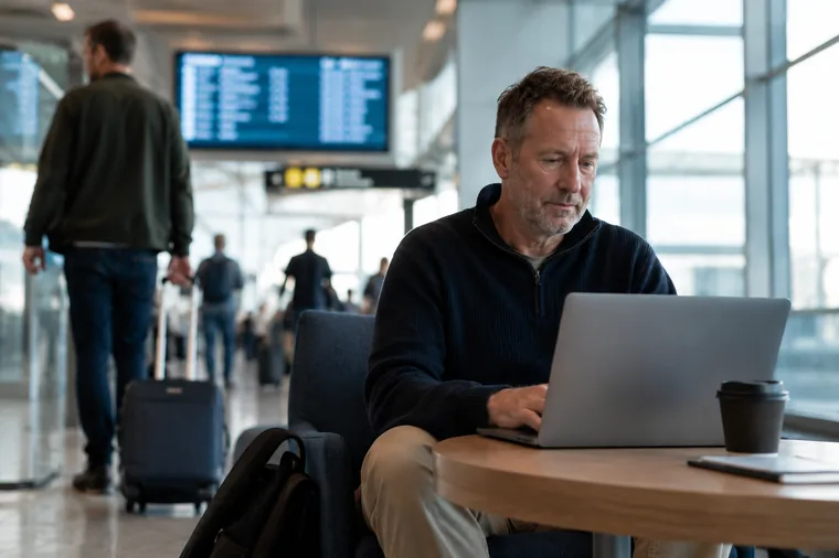 Business traveller working on a laptop at an airport