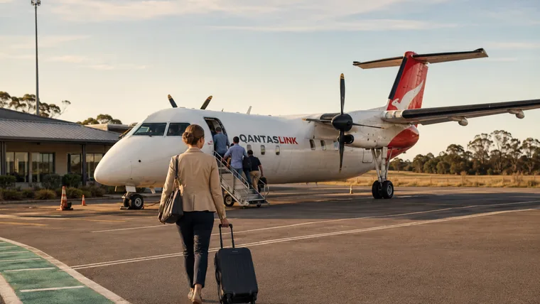 Business traveller boarding a QantasLink aircraft at an Australian regional airport