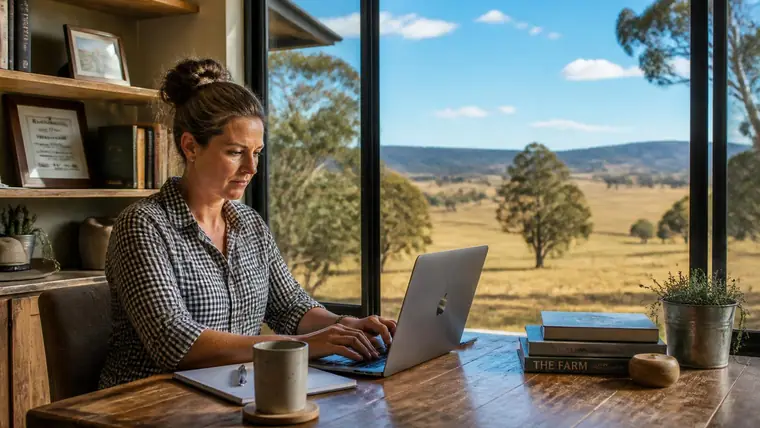 Woman working on a laptop with a rural landscape in the background