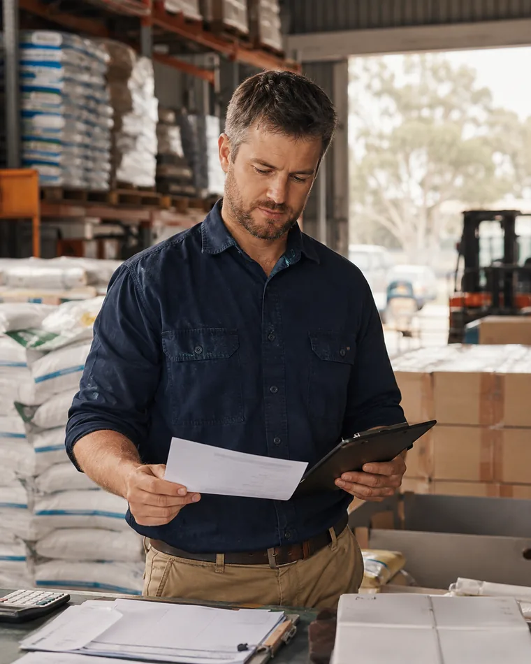 Regional Australian business owner reviewing invoices and customer accounts in a warehouse