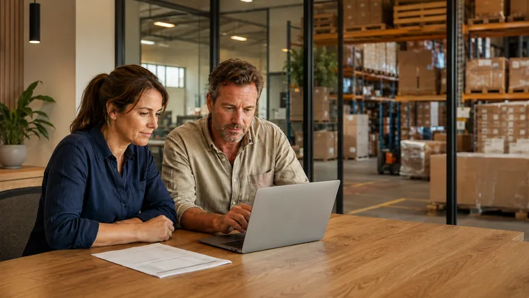 Regional business owners reviewing customer accounts in a modern office