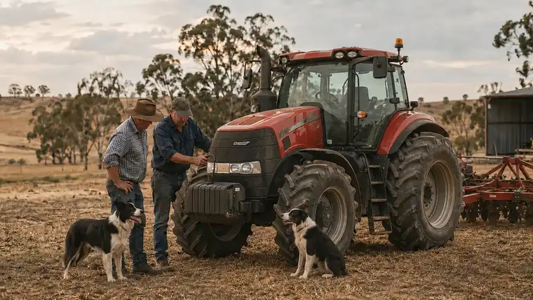 Two Australian farmers with a modern tractor and working Border Collies