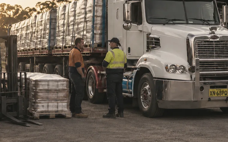 Transport workers beside a heavy truck and loaded trailer at a regional depot