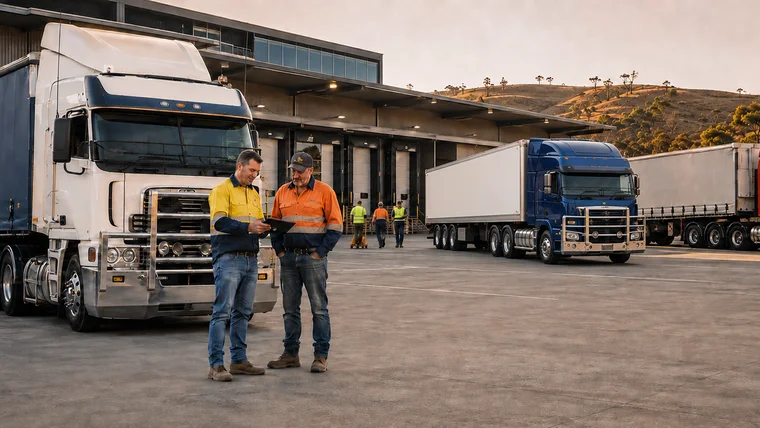 Australian transport professionals reviewing a heavy-vehicle fleet at a modern distribution centre