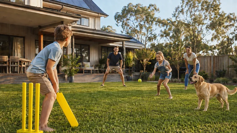 Australian family and their Labrador playing backyard cricket at home