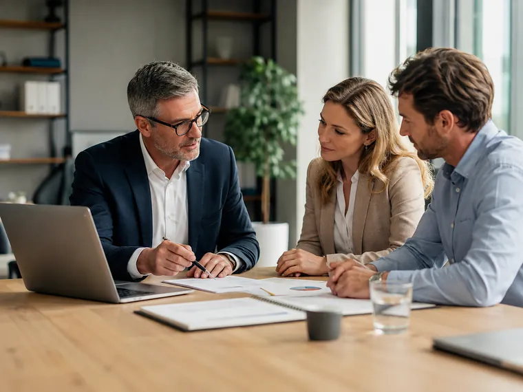 Australian professional adviser and clients reviewing business documents