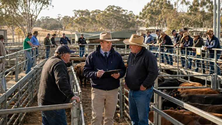 Livestock agent and buyers at a busy Australian cattle saleyard