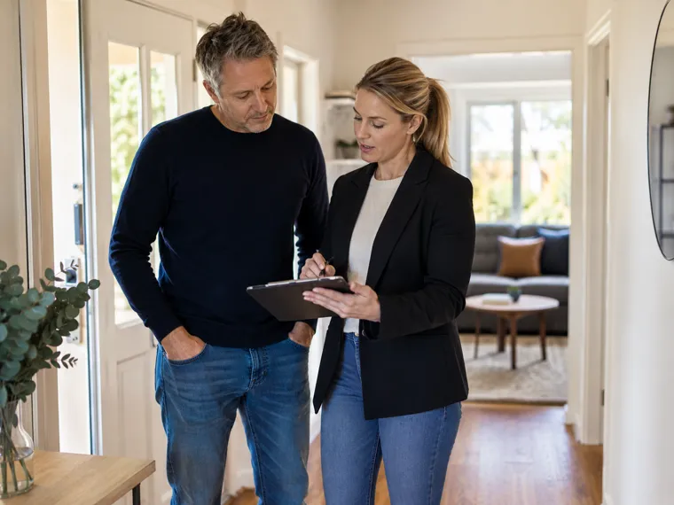 Landlord reviewing a residential investment property with a property professional