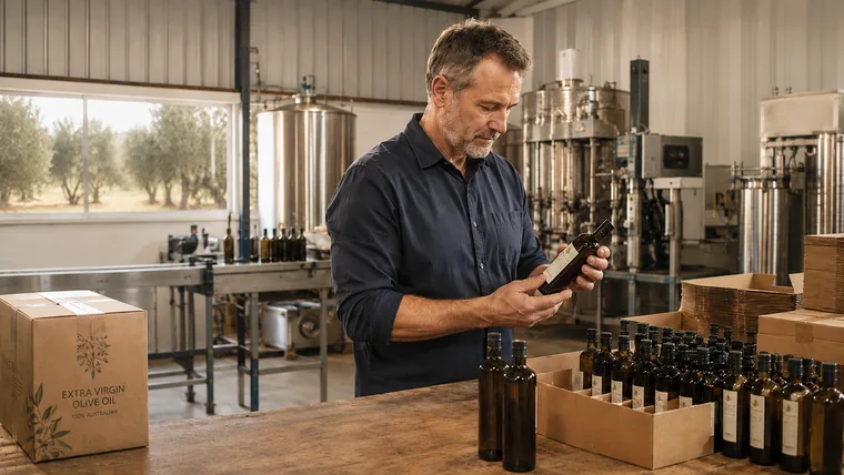 Australian olive oil manufacturer inspecting bottled products in a regional production facility
