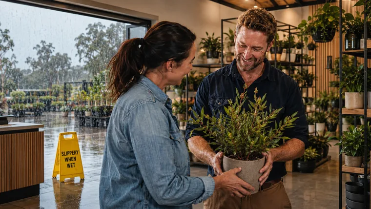 Customer and business owner inside an Australian plant nursery during wet weather