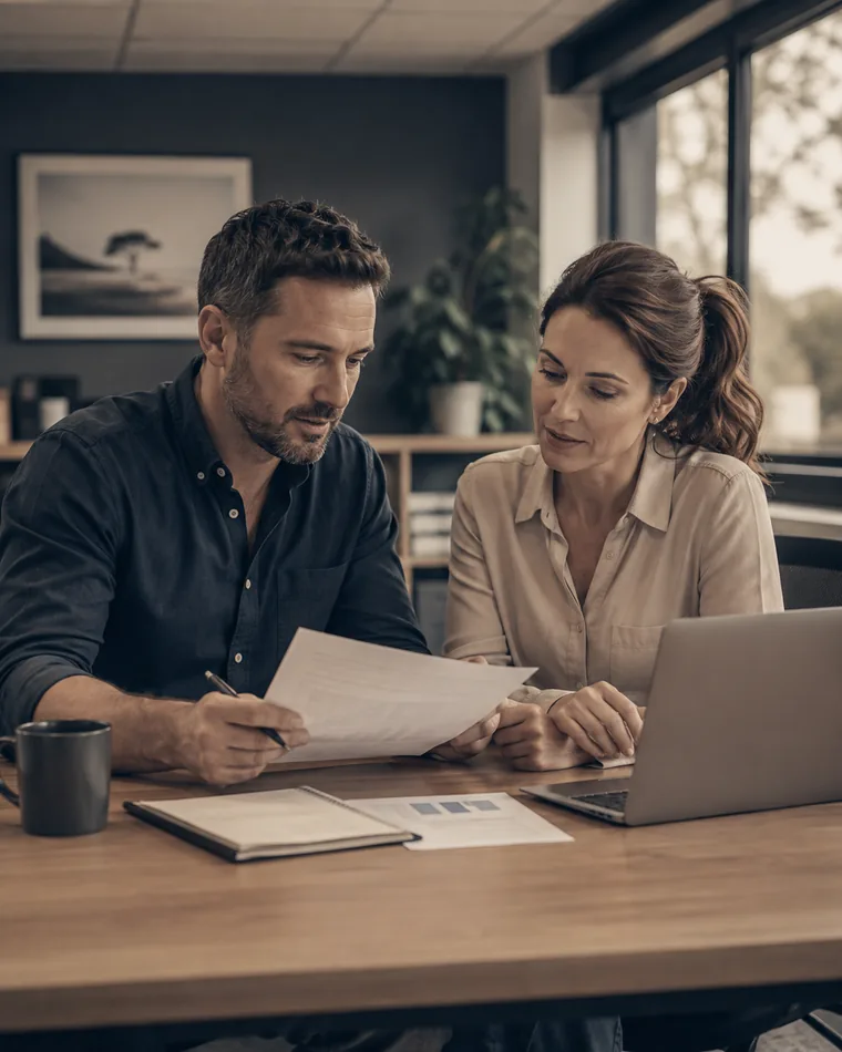 Australian business owners reviewing company documents in a modern office