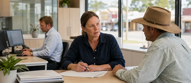 Livestock and property professional assisting a rural client in a modern regional office