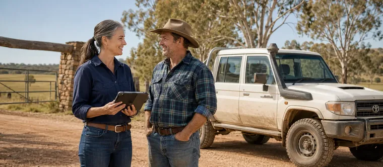 rma network Member with a rural client beside a LandCruiser at a regional property