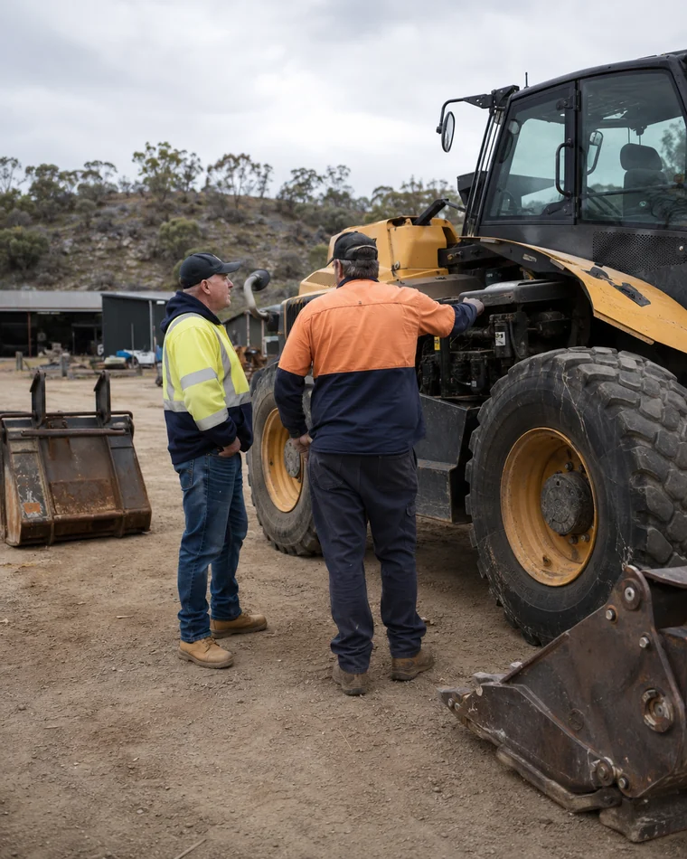 Workers inspecting heavy machinery in a regional equipment yard