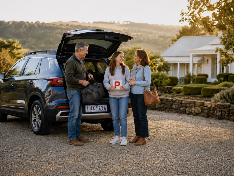 Australian family with a teenage P-plate driver beside their private vehicle