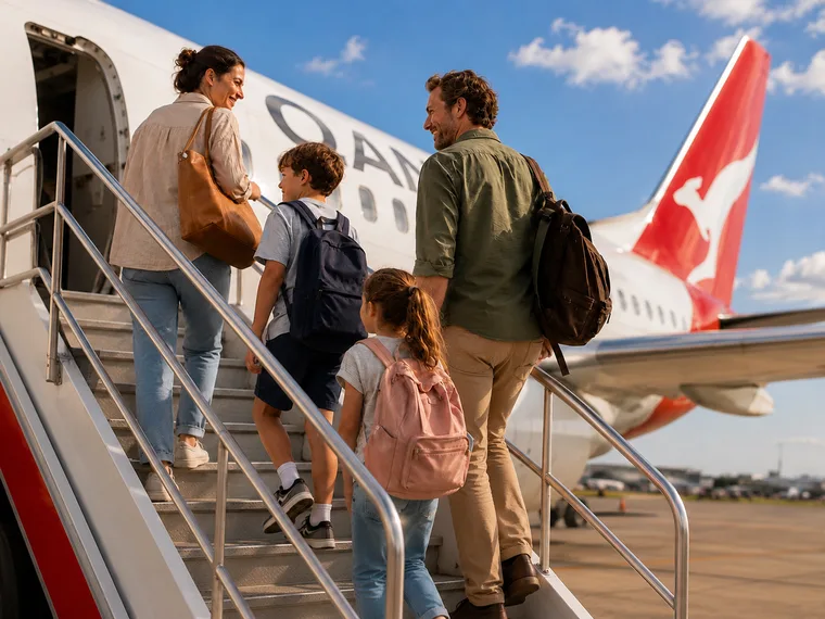 Australian family boarding a flight for an overseas holiday