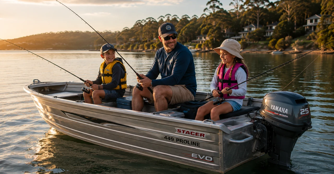 Australian father and two children fishing from a small boat on calm water