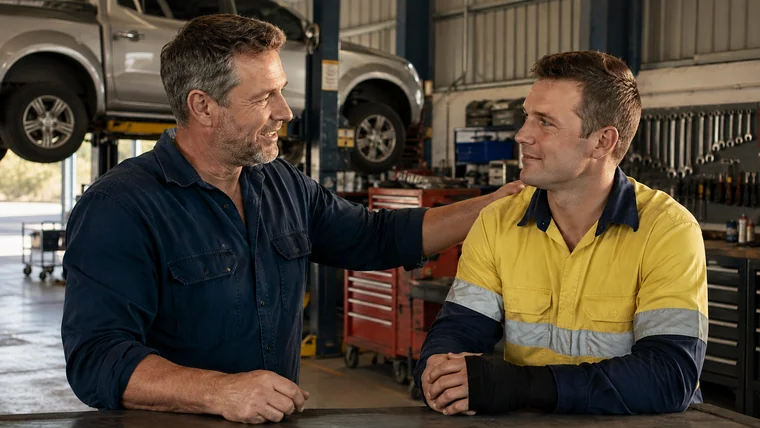 Employee and employer discussing a supported return to work in an Australian mechanic's workshop